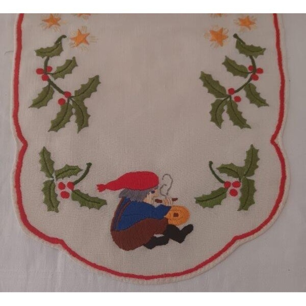 Vintage Scandinavian Embroidered Table Runner Christmas Gnome Holly Berry